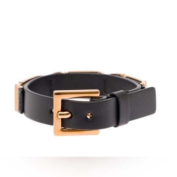 Versace Greca-Charm Black & Gold Detailed Buckle Adjustable Leather Bracelet - Picture 2 of 13